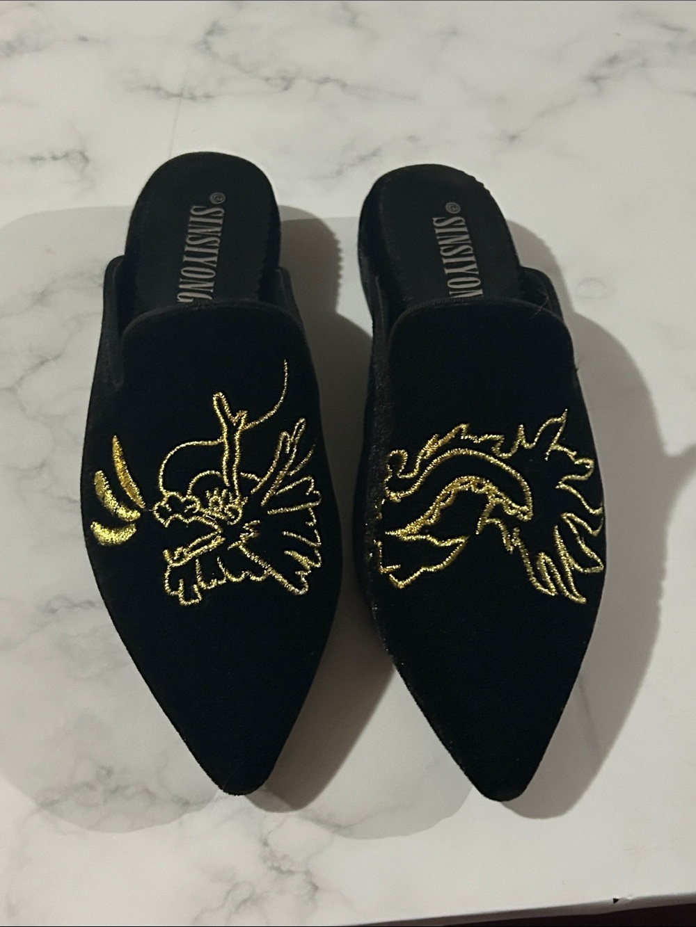 Black Velvet Pointed Mules with Gold Embroidered Design - Womens